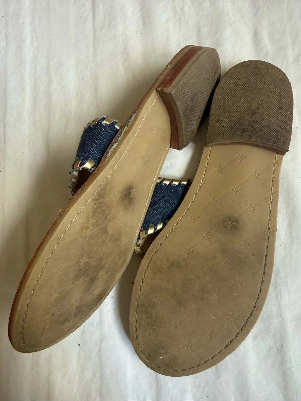Jack Rogers Navy Denim Thong Sandals with Gold Embroidery